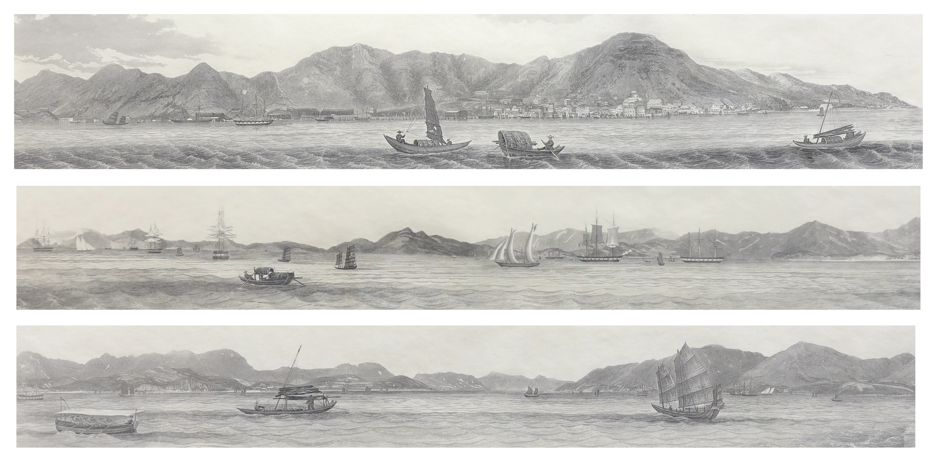 Lieutenant Leopold G. Heath for the Hydrographic Office, Hong Kong as seen from the anchorage of HMS Iris, 1846, set of three steel engravings, visible sheet 22 x 79cm